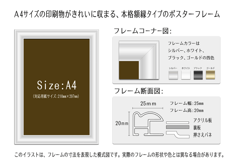 A4サイズ(210mm×597mm)の印刷物がきれいに収まる、本格額縁タイプのポスターフレーム