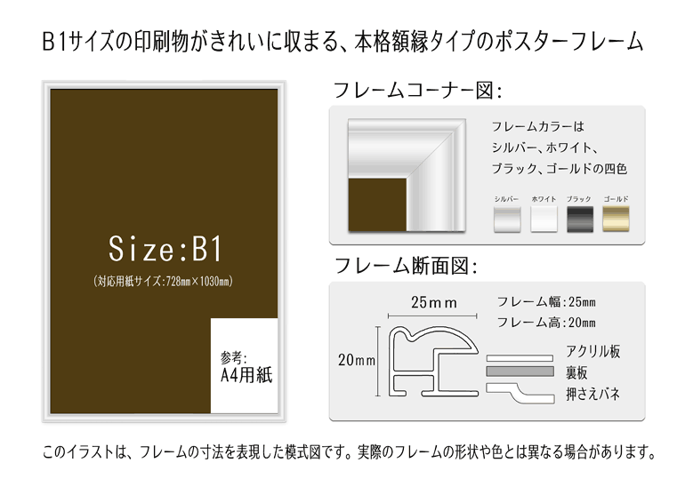 B1サイズ(728mm×1030mm)の印刷物がきれいに収まる、本格額縁タイプのポスターフレーム